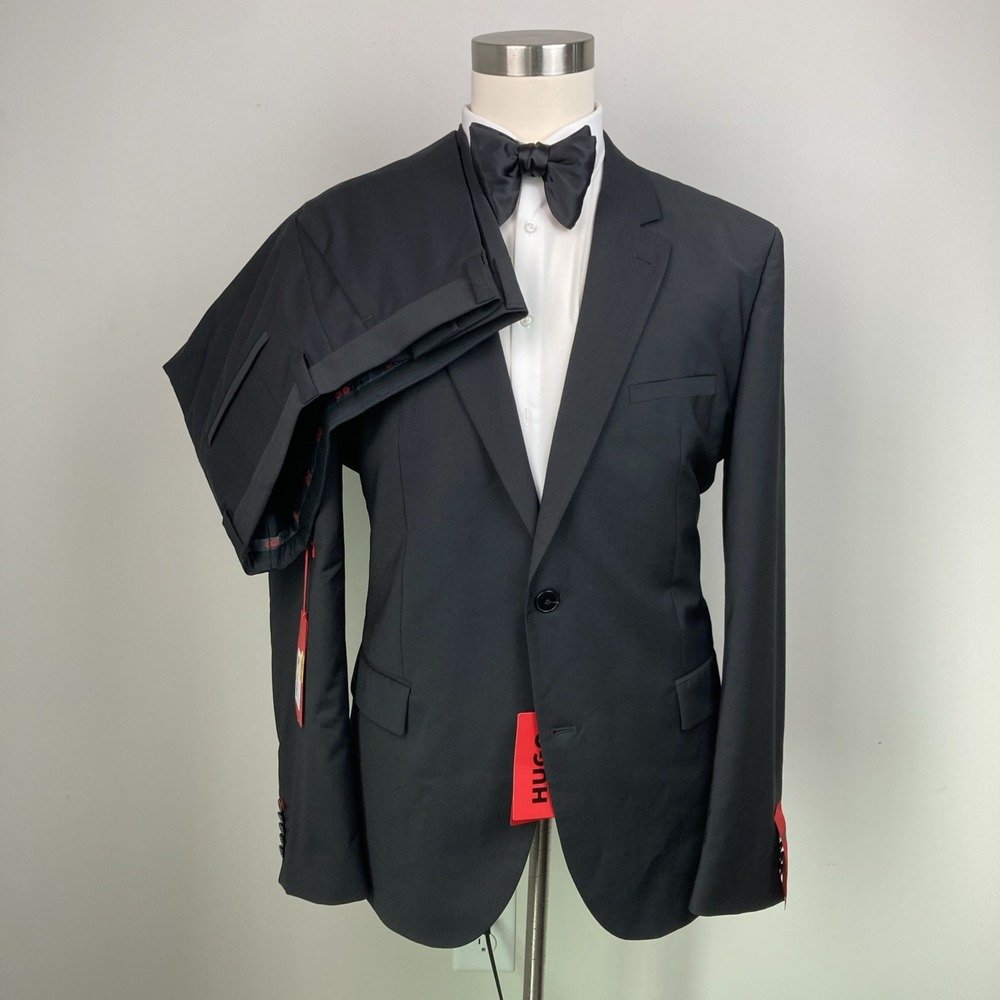 Hugo By Hugo Boss Mens 2-pc Suit Blazer Jacket 44R Black Wool Pants 40W 33L